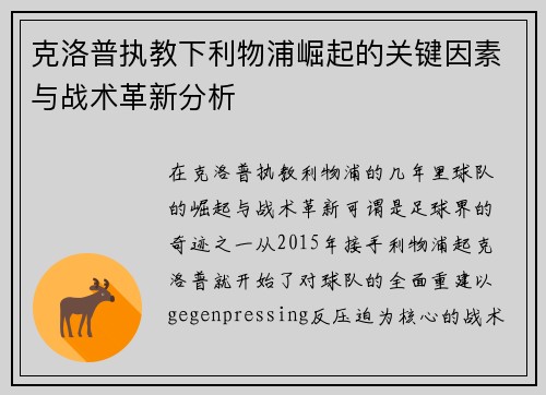 克洛普执教下利物浦崛起的关键因素与战术革新分析